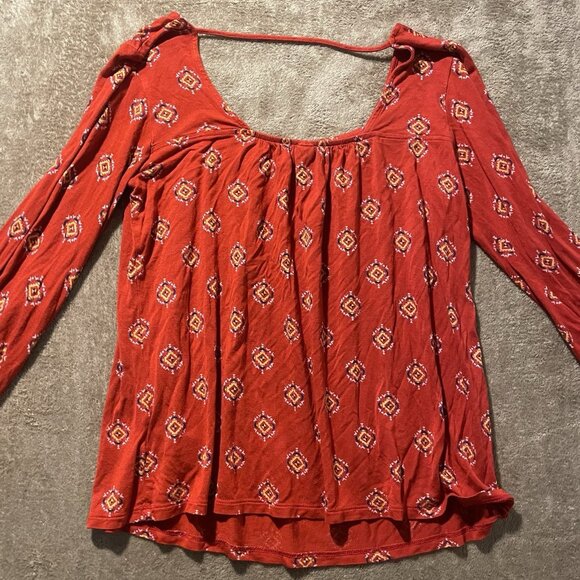Old Navy Shirt Womens Small Red Tribal Print Long Sleeve Top Square Neck Stretch - Picture 4 of 8